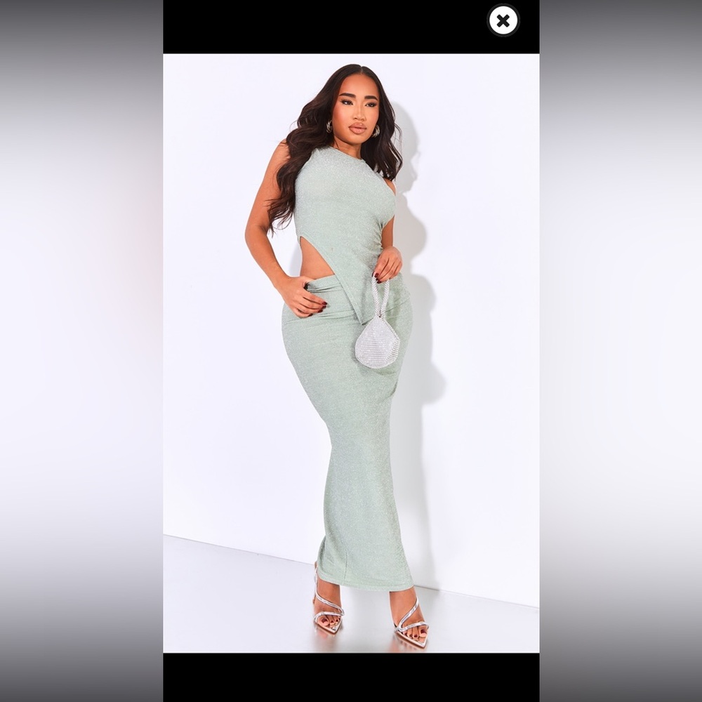 PRETTY LITTLE THING - Sage Green Shimmer Maxi Skirt + Top Set